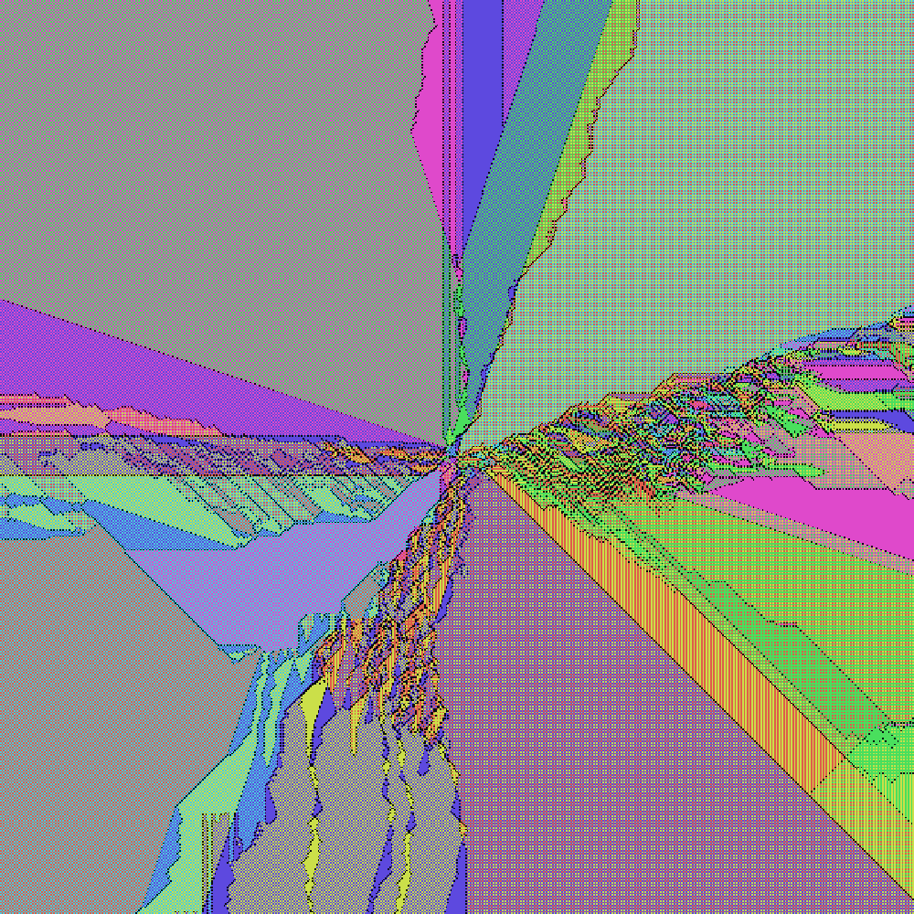 Extent 300: muted dusty pastel fields meeting along a central seam, with a turbulent core.