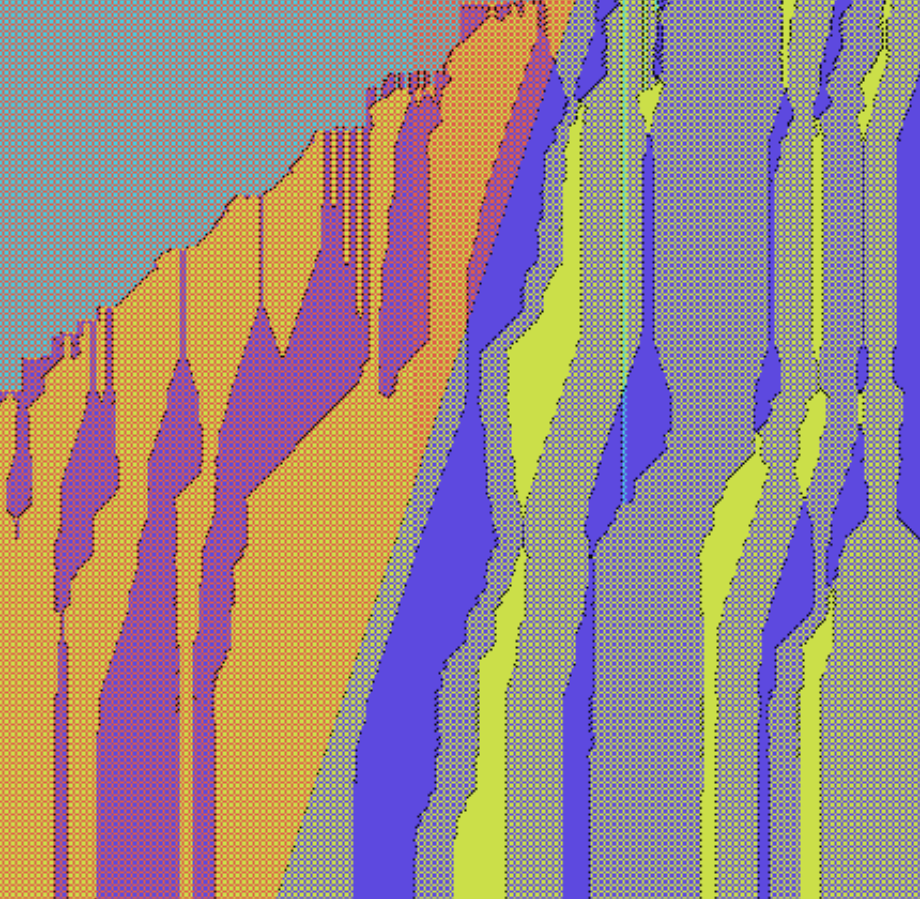 Zoom: bulbous vertical drips of purple, yellow and blue hanging from a diagonal edge, like melting wax.