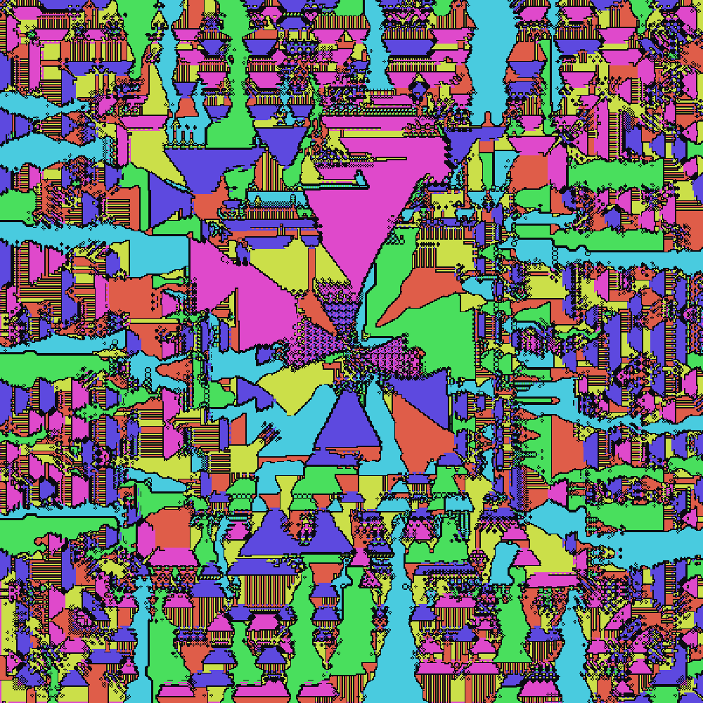 A dense field of tiny colorful triangular flags and totems over black seams, with a calmer pinwheel of larger triangles at the center.