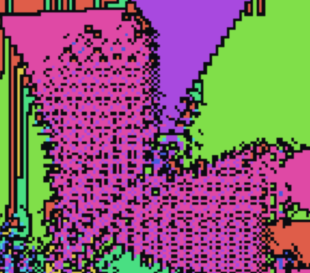 Zoom: a magenta region filled with a regular lattice of small black holes, like a halftone dot-screen.