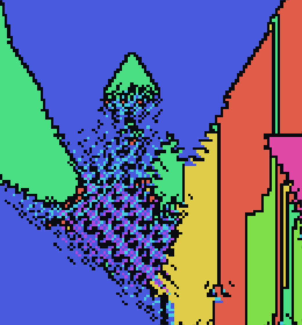 Zoom: a green triangular spike poking up into a blue field, with a turbulent blue-and-purple spray fraying out beneath it.