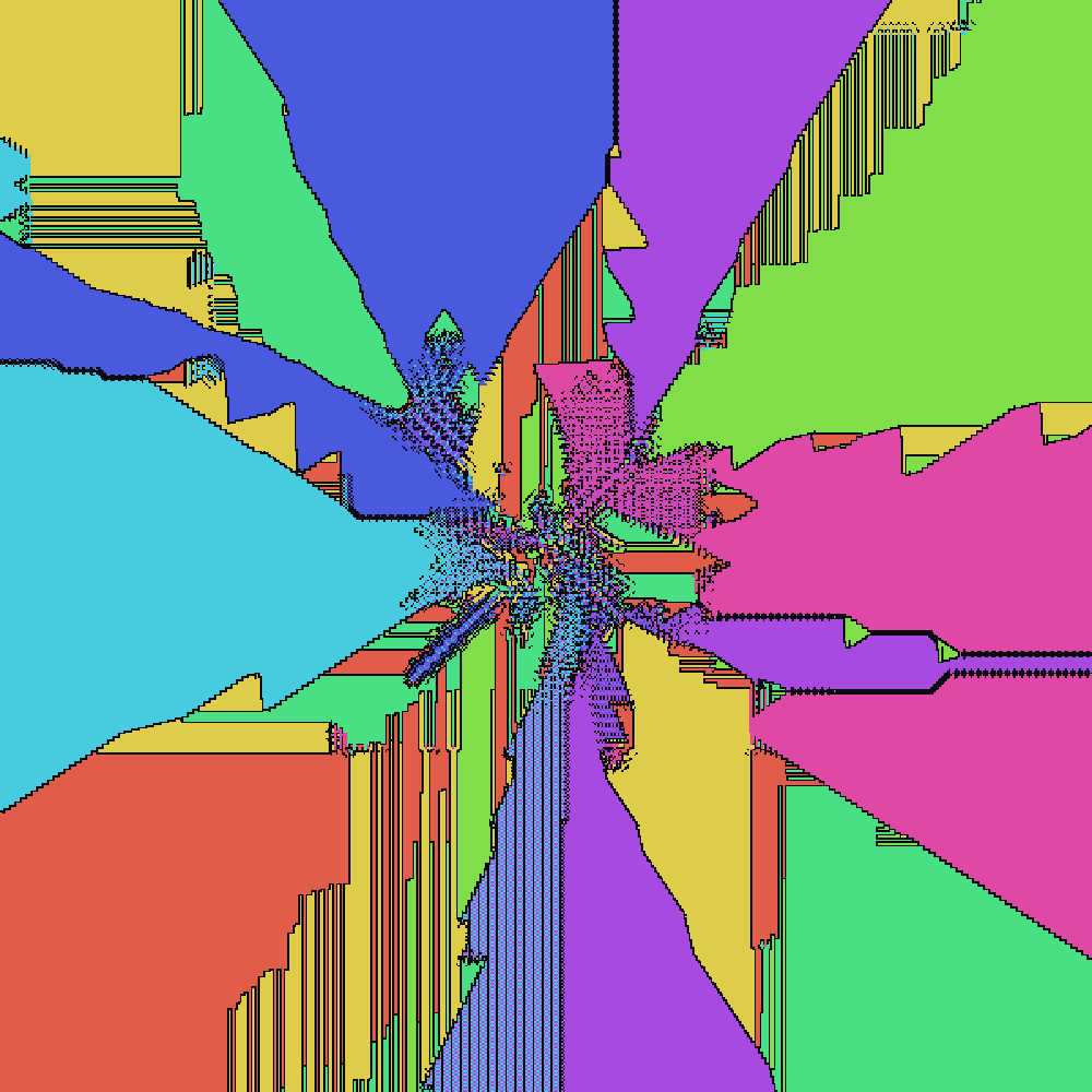A pinwheel of large flat color sectors radiating outward from a turbulent dithered bloom at the very center, with feathery plumes.