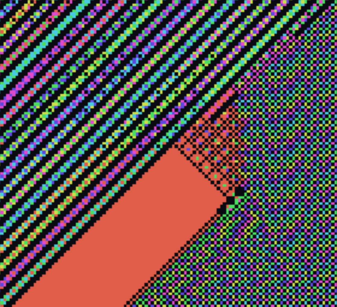 A solid coral-red bar slicing diagonally between the twill and a finer speckle.
