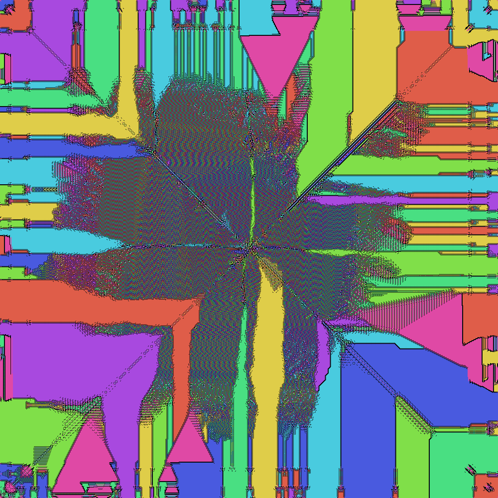 Seven knight colors in vivid radial sectors around a dark turbulent bloom at the center.