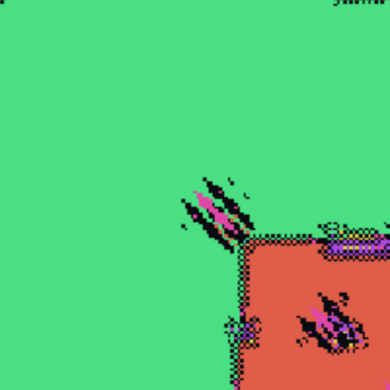 A solid green domain with an isolated black-and-magenta island knot floating in it and bead-blooms along the lower border.