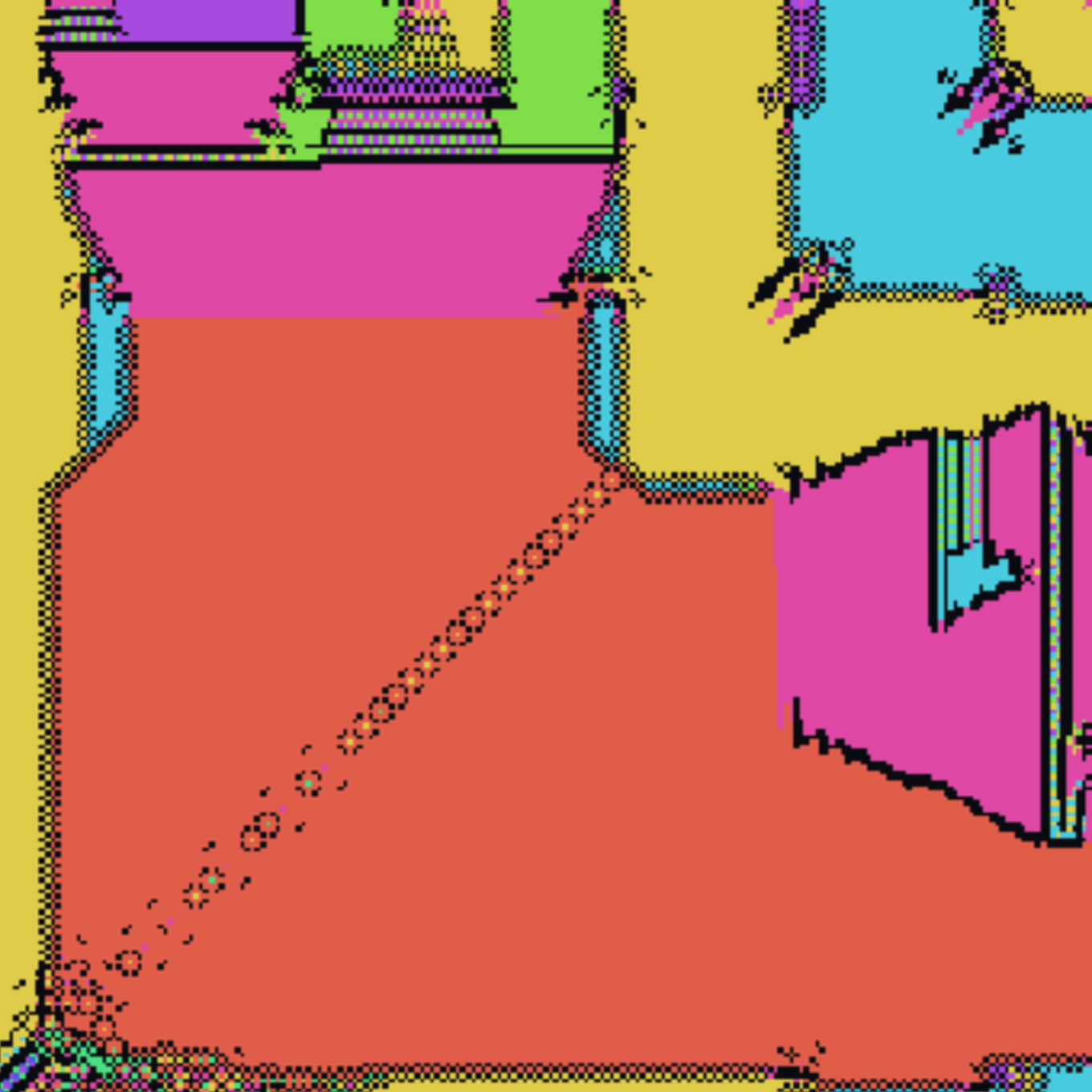 A clean diagonal string of hollow empty-cell rings descending across a solid red domain.
