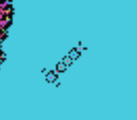 A short diagonal run of the same ring-beads with blue and orange center specks, floating loose in a clear cyan domain.