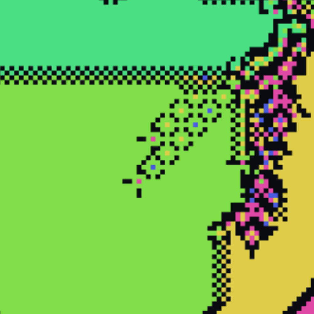 A diagonal chain of small empty-cell rings, each ring beaded with a blue and yellow speck at its center, strung wall-to-wall into a green field.