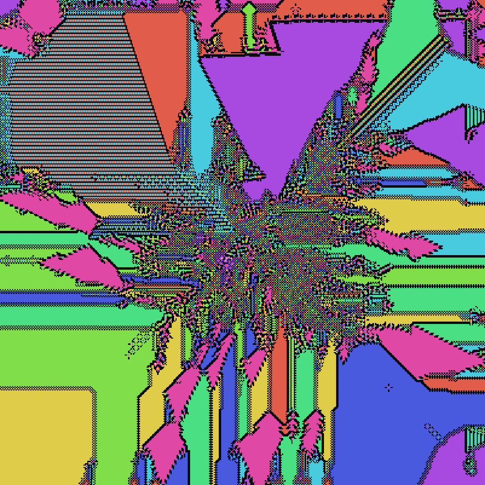 D6 at extent 200: dense radial turbulence with totem-like spires.