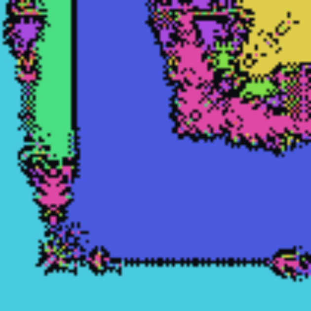 A field corner packed with detail: a blue domain meeting cyan and green, magenta busy regions, a yellow patch with a small ring-bead caterpillar, and a bead-worm running along the lower seam.