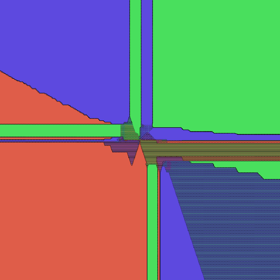 Three-color knight pattern: large solid wedge domains meeting at the center with striped transition zones.