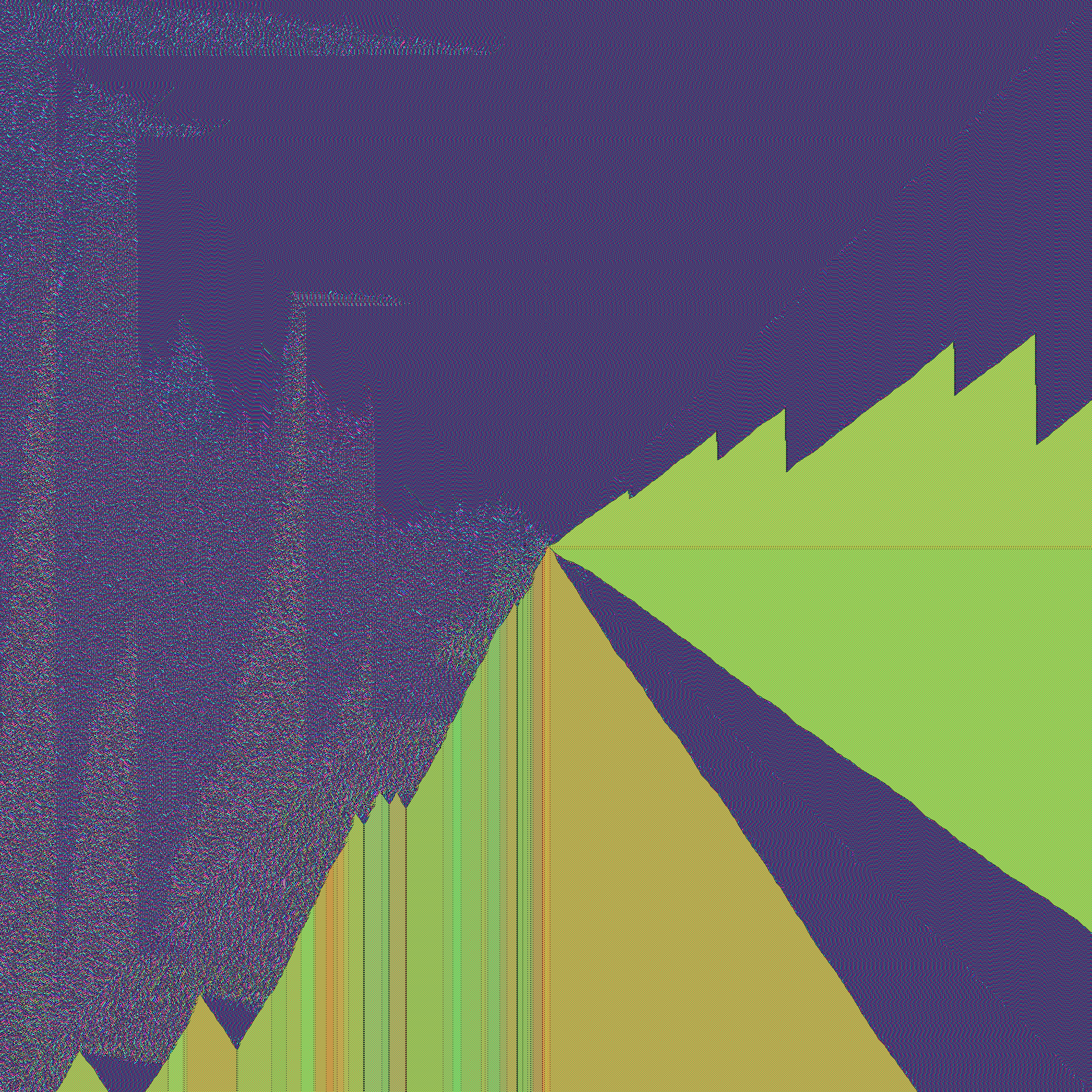Wide view: a speckled purple field with smooth green and yellow triangular pyramid shapes; one giant pyramid fans out from the center into the lower-right.