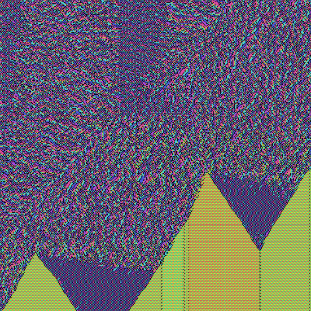 Zoom on the bottom-left end of the pyramid range: the two largest green sawtooth peaks against the purple speckle, their faces filled with fine vertical striping.