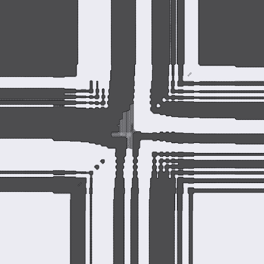Two-tone knight pattern: nested concentric square frames with cross-shaped channels radiating from the center.