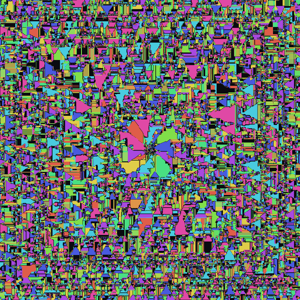 Extent 1000: a small ordered pinwheel jewel at the center of a vast busy mosaic field.