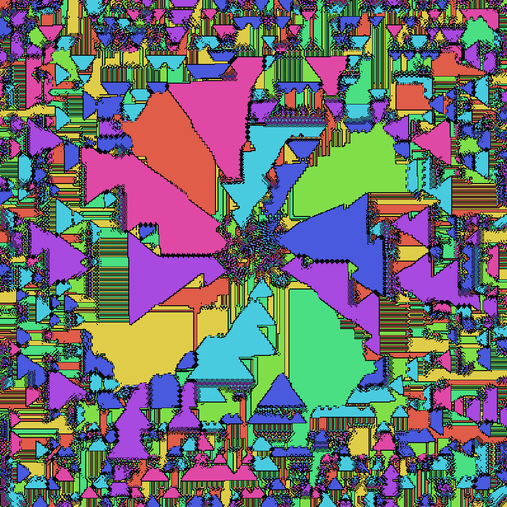 Extent 300: a bold pinwheel of flat triangular sectors fills the center, ringed by a dense border of tiny colored triangles.