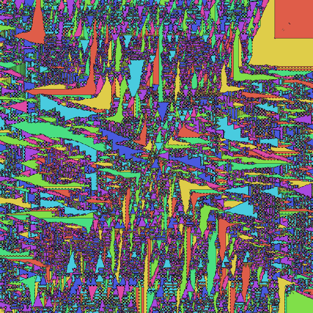 The full finished field: a turbulent 8-color mosaic with a large solid red domain in one corner.