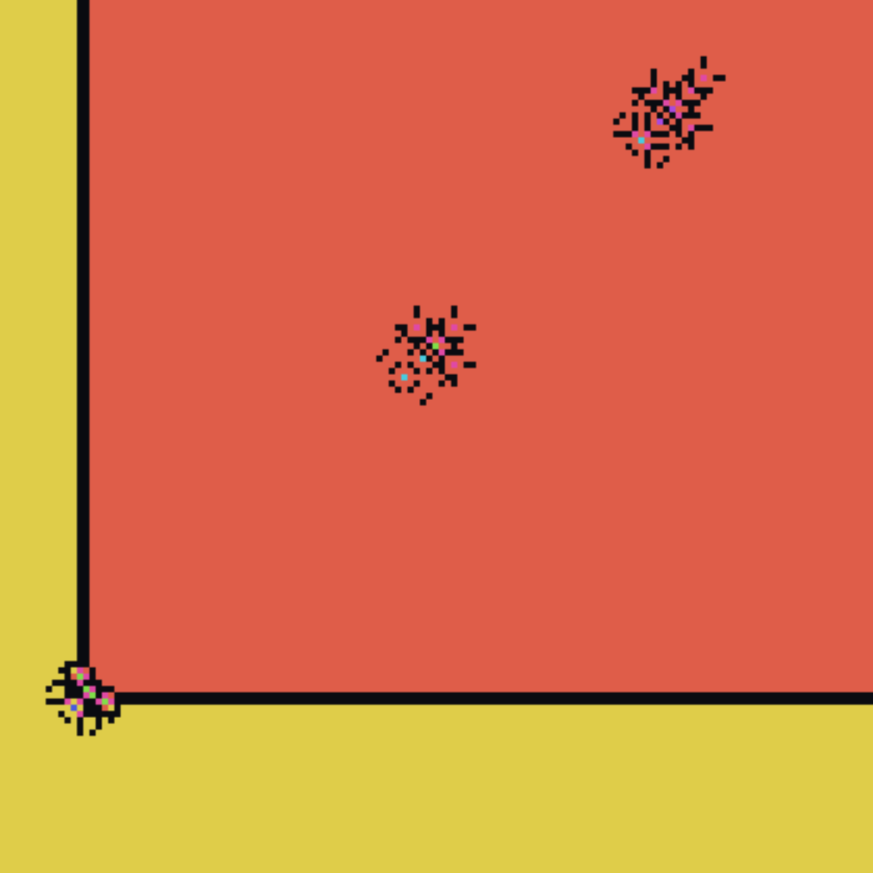 Zoom on the red domain: three small speckled 'bug' anomalies strung along the diagonal, plus the black border to the yellow region.